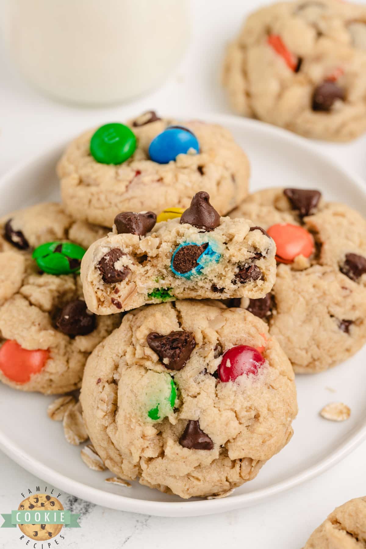 Easy peanut butter cookies with oats, chocolate chips, and m&ms.