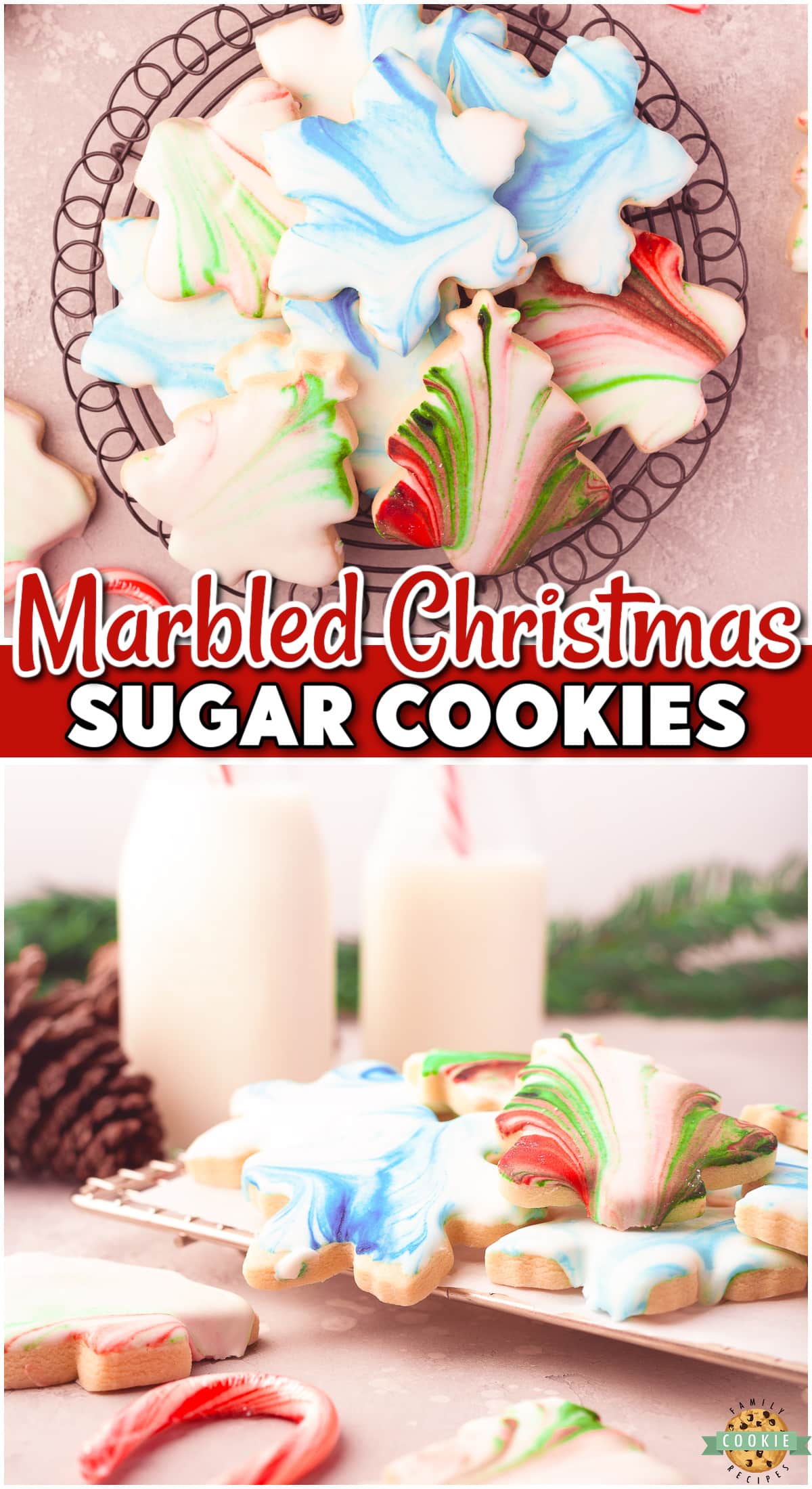 Marbled Christmas Cookies are tender, buttery sugar cookies dipped in royal icing with swirls of color to give the cookies a lovely marbled look! 