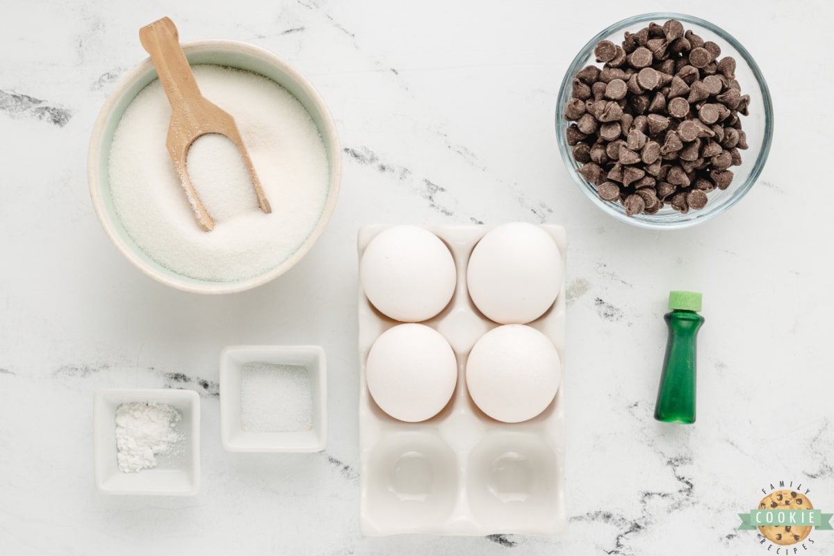 Ingredients in Mint Chocolate Chip Meringue Cookies. 