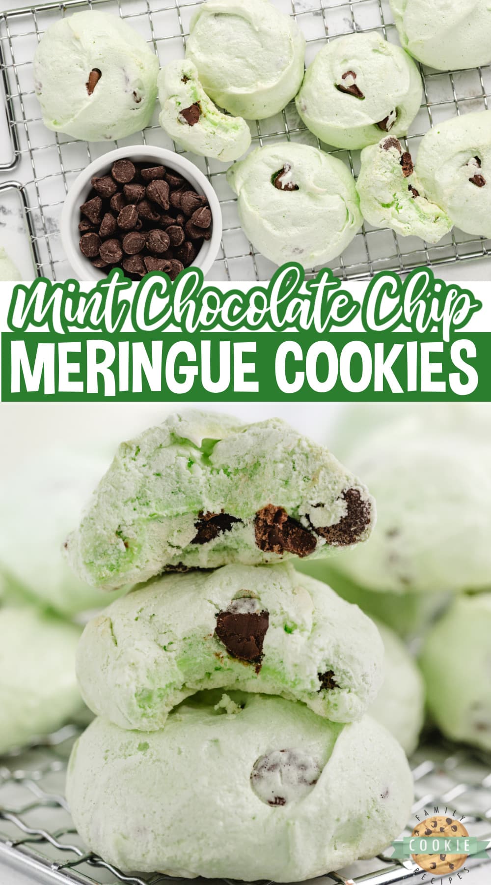 Mint Chocolate Chip Meringue Cookies are light, a little bit crunchy, and packed with mint flavor. Add some chocolate chips to make unique cookies that look as good as they taste! 