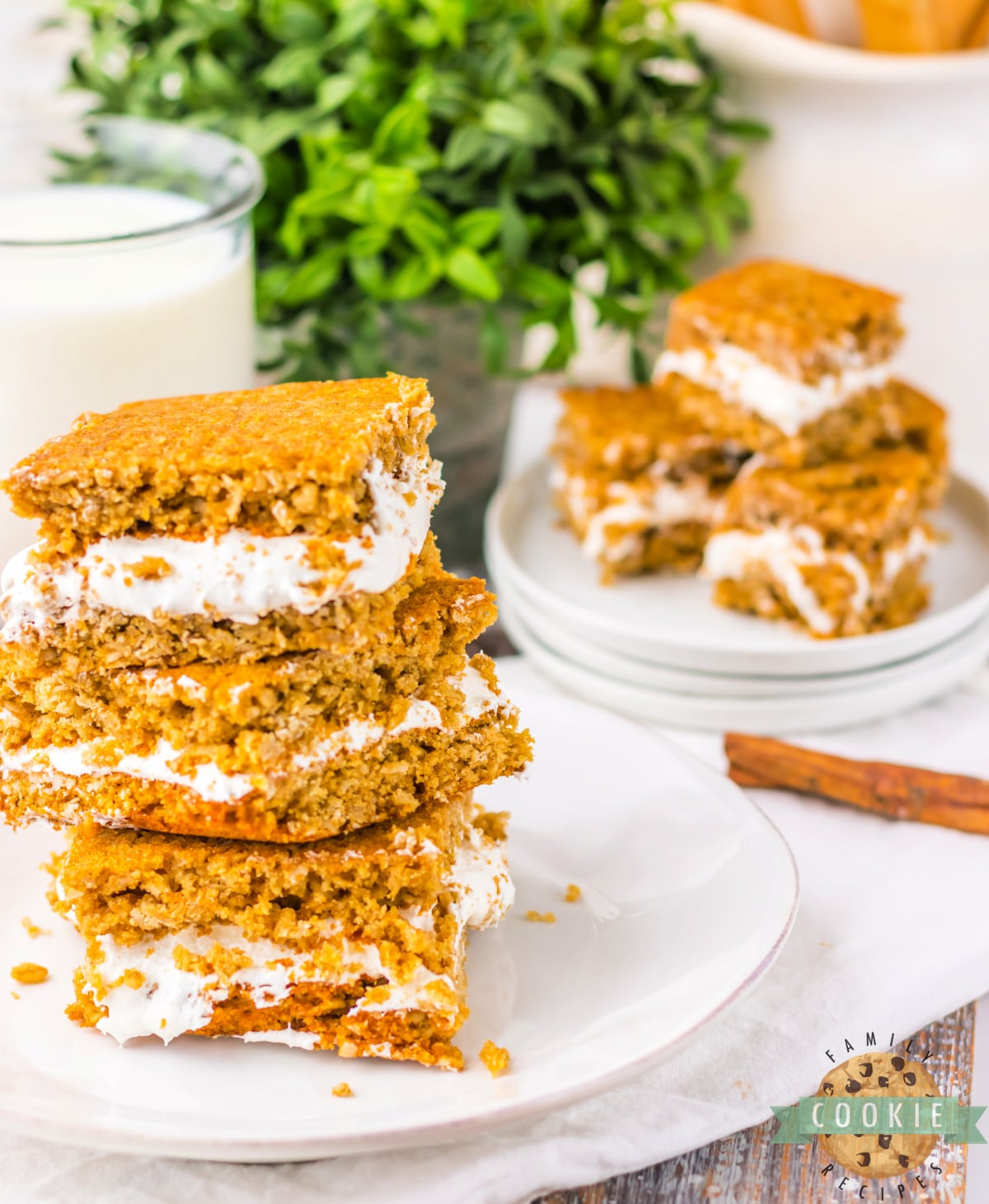 Oatmeal Cream Pie Bars taste just like Oatmeal Creme Pies with marshmallow cream filling sandwiched between two soft and chewy oatmeal cookie layers. Delicious sandwich cookie bars that are so easy to make!