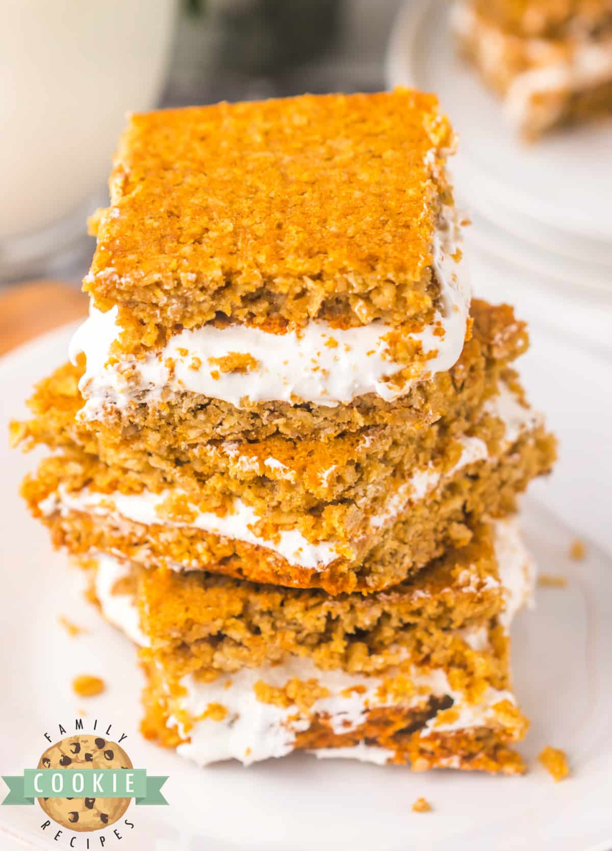 Oatmeal sandwich cookie bars with marshmallow cream filling. 