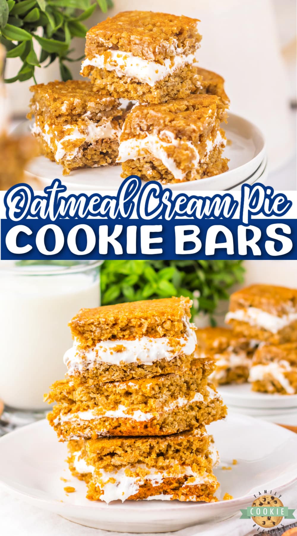 Oatmeal Cream Pie Bars taste just like Oatmeal Creme Pies with marshmallow cream filling sandwiched between two soft and chewy oatmeal cookie layers. Delicious sandwich cookie bars that are so easy to make!