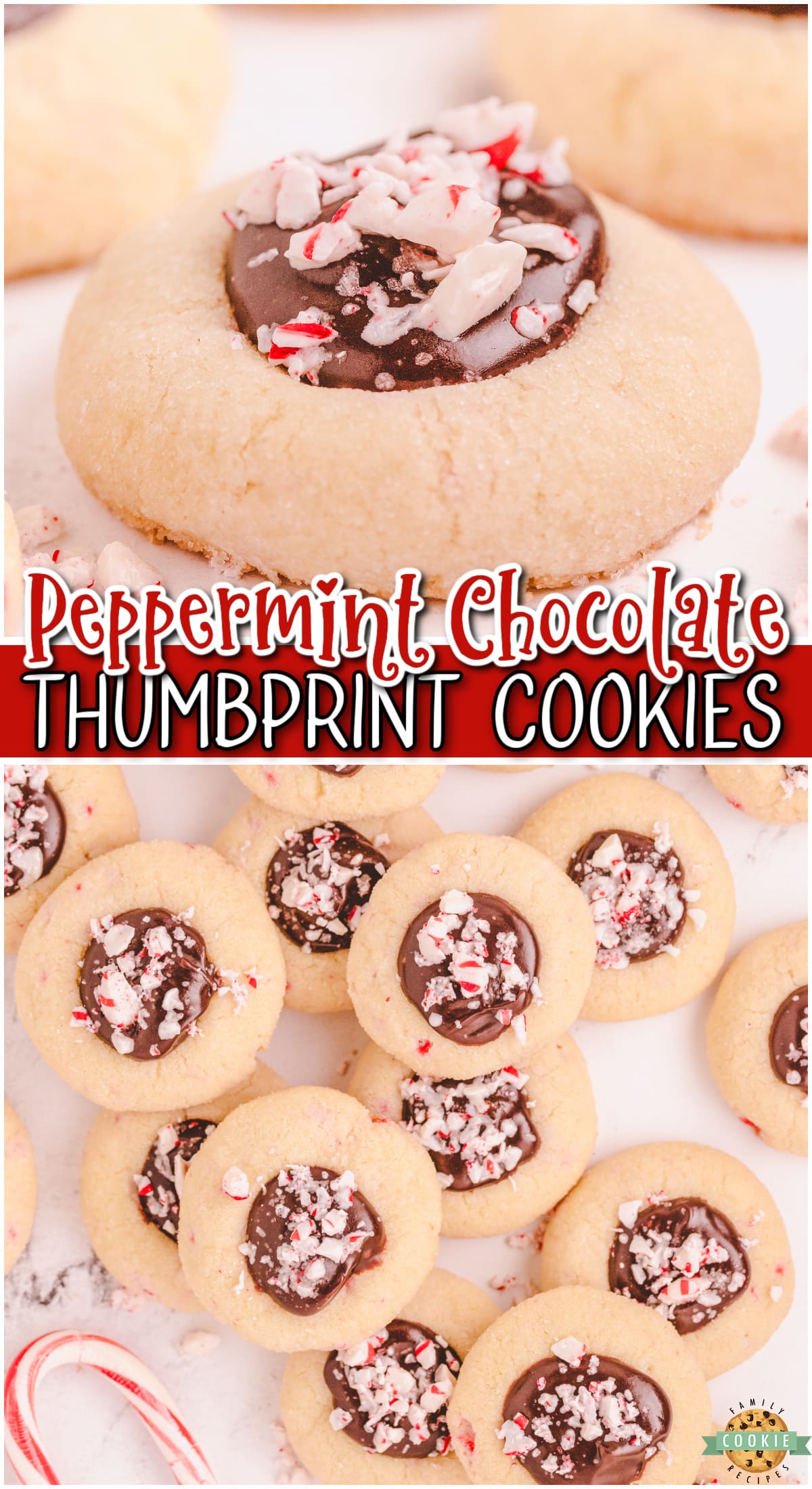 Peppermint Chocolate Thumbprint Cookies are buttery cookies dotted with crushed candy canes & topped with a pool of chocolate fudge for delightfully festive thumbprints!