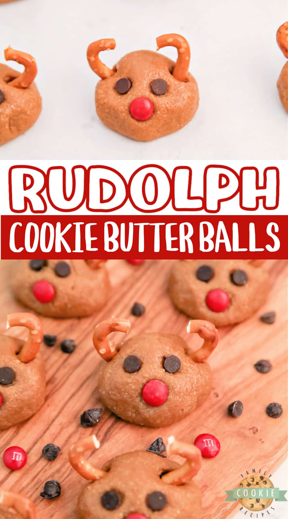 Rudolph Cookie Butter Balls are fun no-bake treats made with cookie butter and crushed Nilla wafers, decorated to look like your favorite reindeer! Easy holiday treats made with less than 10 minutes of prep time!  