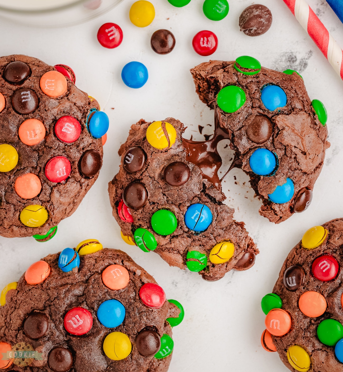 gooey chocolate brownie mix cookies with M&M candies