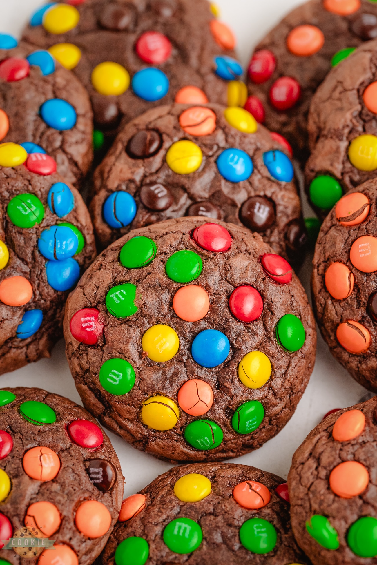 chocolaty brownie mix cookie topped with M&M candies