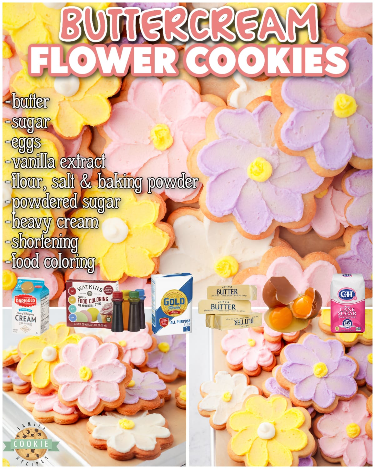 Buttercream Flower Cookies are both beautiful & delicious! Buttery cut out cookies are piped with a silky buttercream frosting in the shape of Spring flowers!