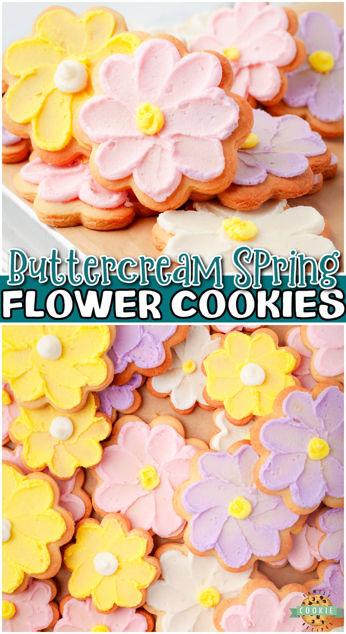 Buttercream Flower Cookies are both beautiful & delicious! Buttery cut out cookies are piped with a silky buttercream frosting in the shape of Spring flowers!