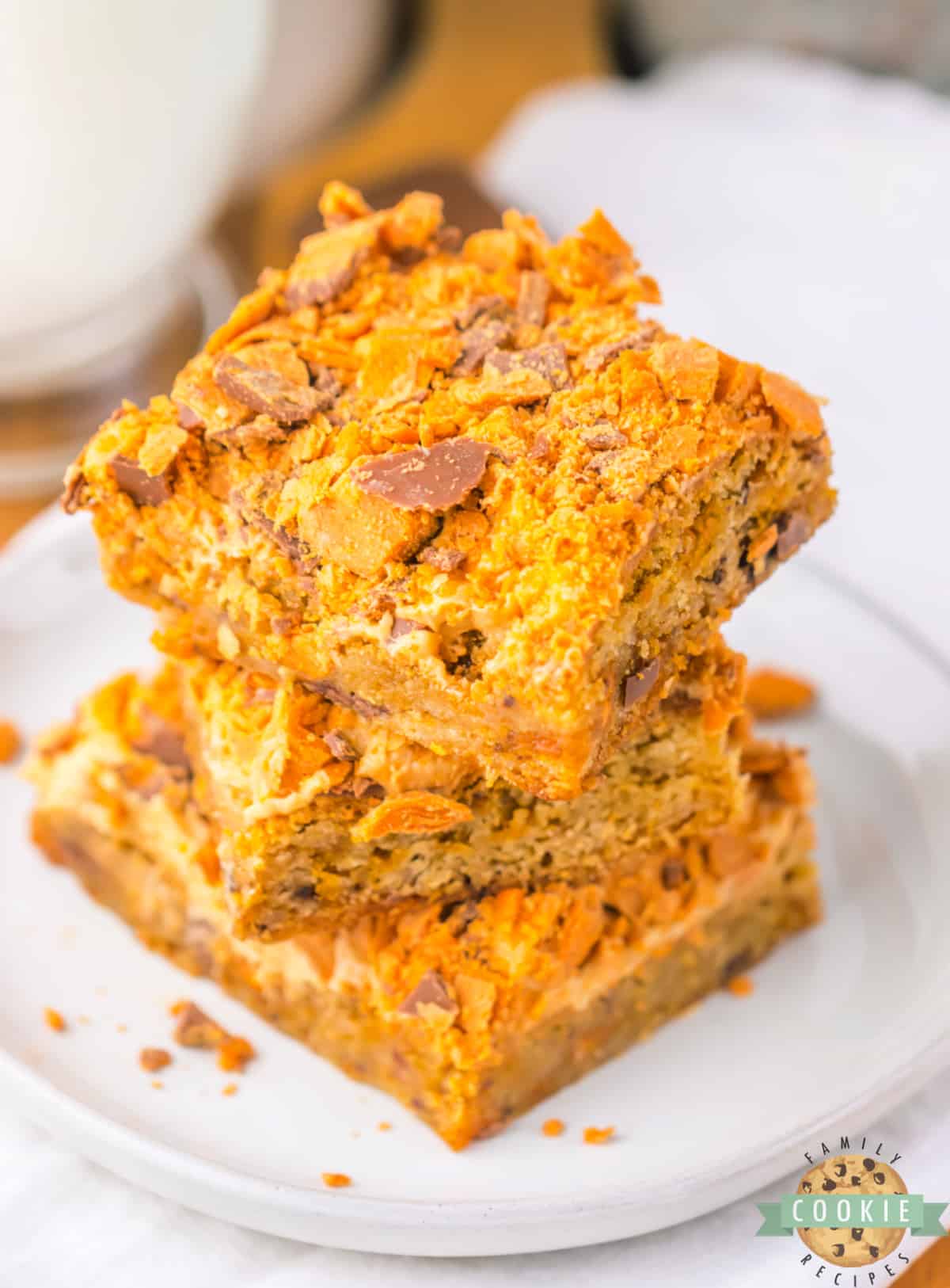 Cookie bars made with crushed Butterfinger bars. 