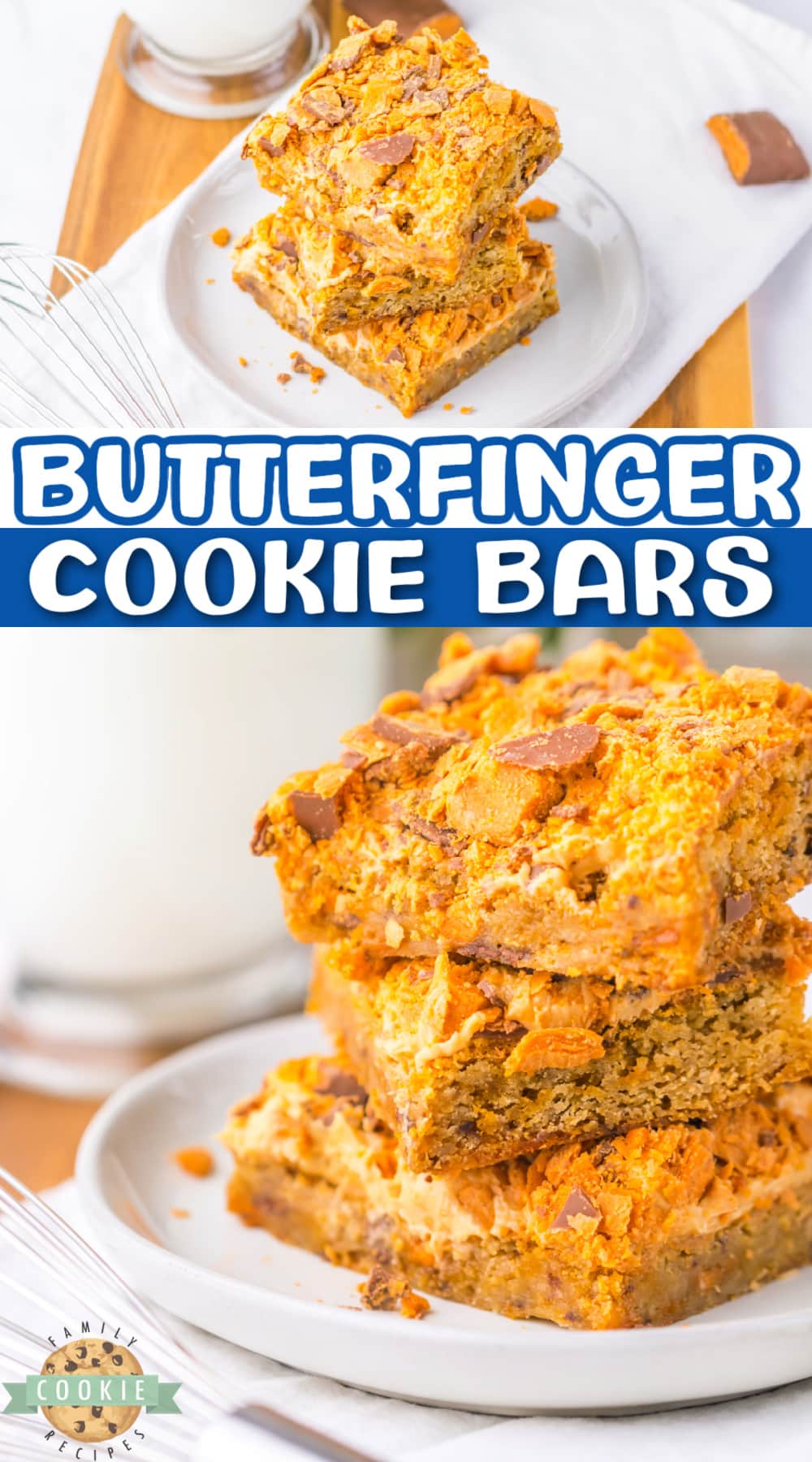 Butterfinger Cookie Bars begin with a soft and chewy blondie cookie base that is topped with peanut butter frosting and crushed Butterfinger candy bars. 