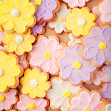 yellow, pink and lavender buttercream flower cookies