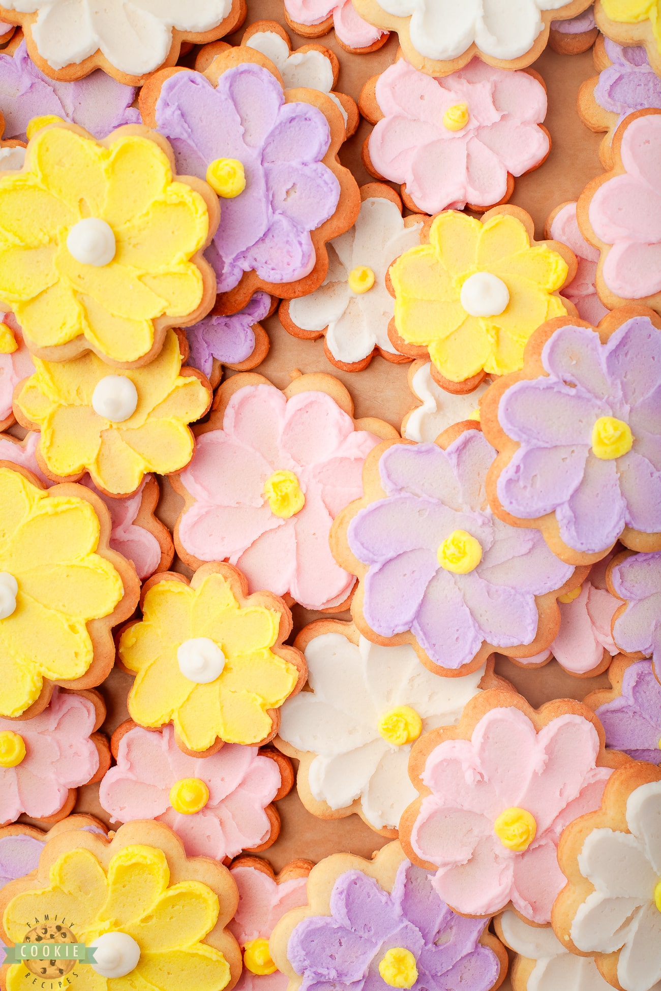 yellow, pink and lavender buttercream flower cookies