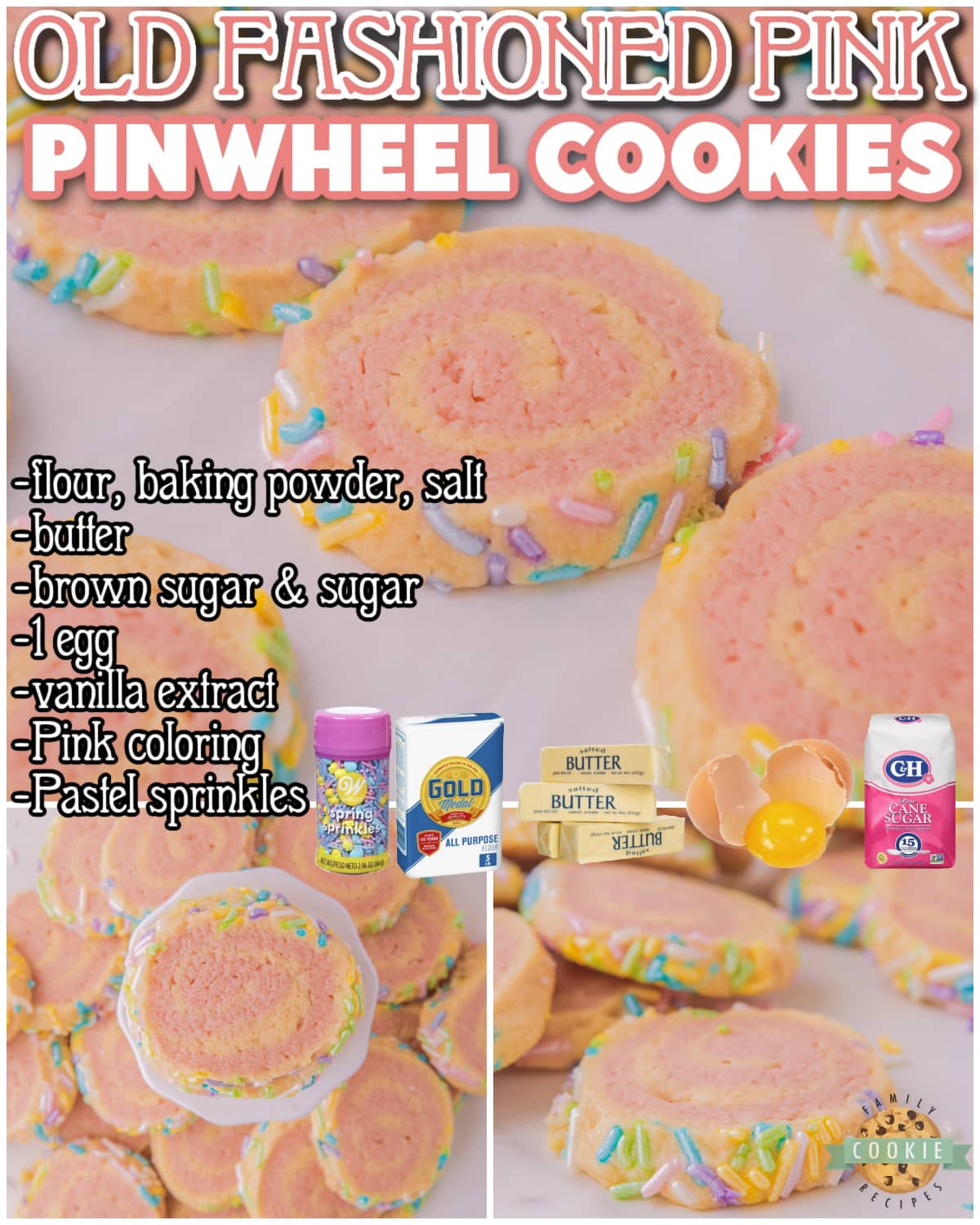 Old Fashioned Pink Pinwheel Cookies are darling cookies with a swirl of pink & coated in sprinkles! Make pinwheel cookies for any party or special occasion!