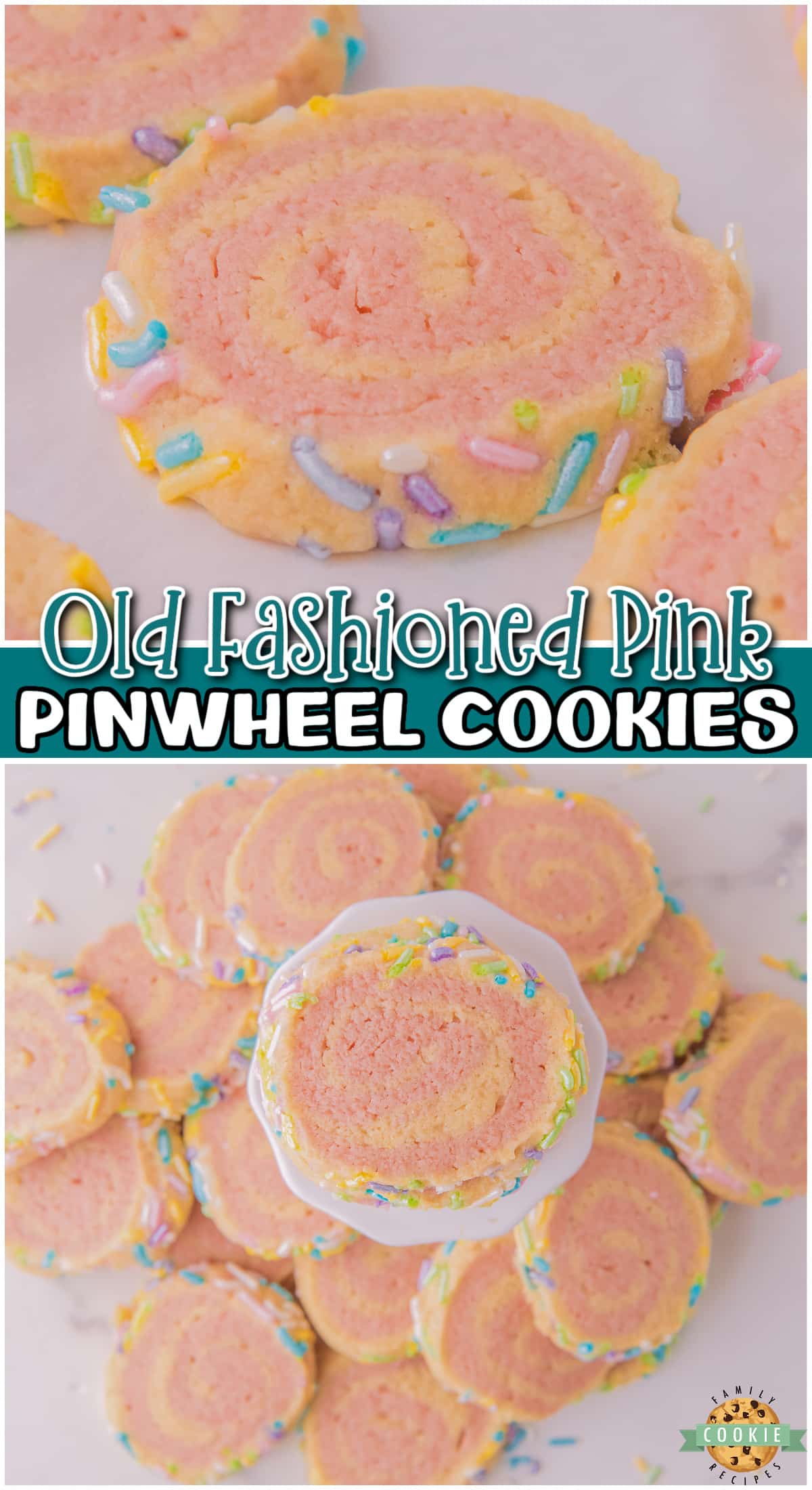 Old Fashioned Pink Pinwheel Cookies are darling cookies with a swirl of pink & coated in sprinkles! Make pinwheel cookies for any party or special occasion!