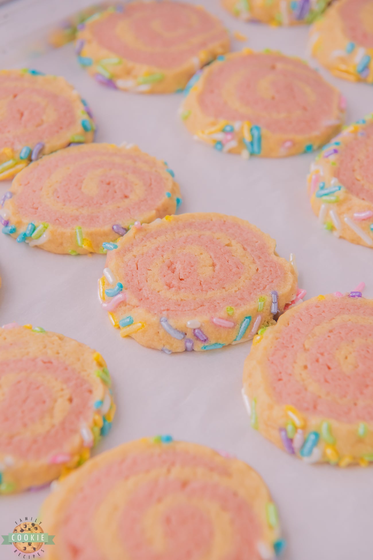 old fashioned pink pinwheel cookies on a baking sheet