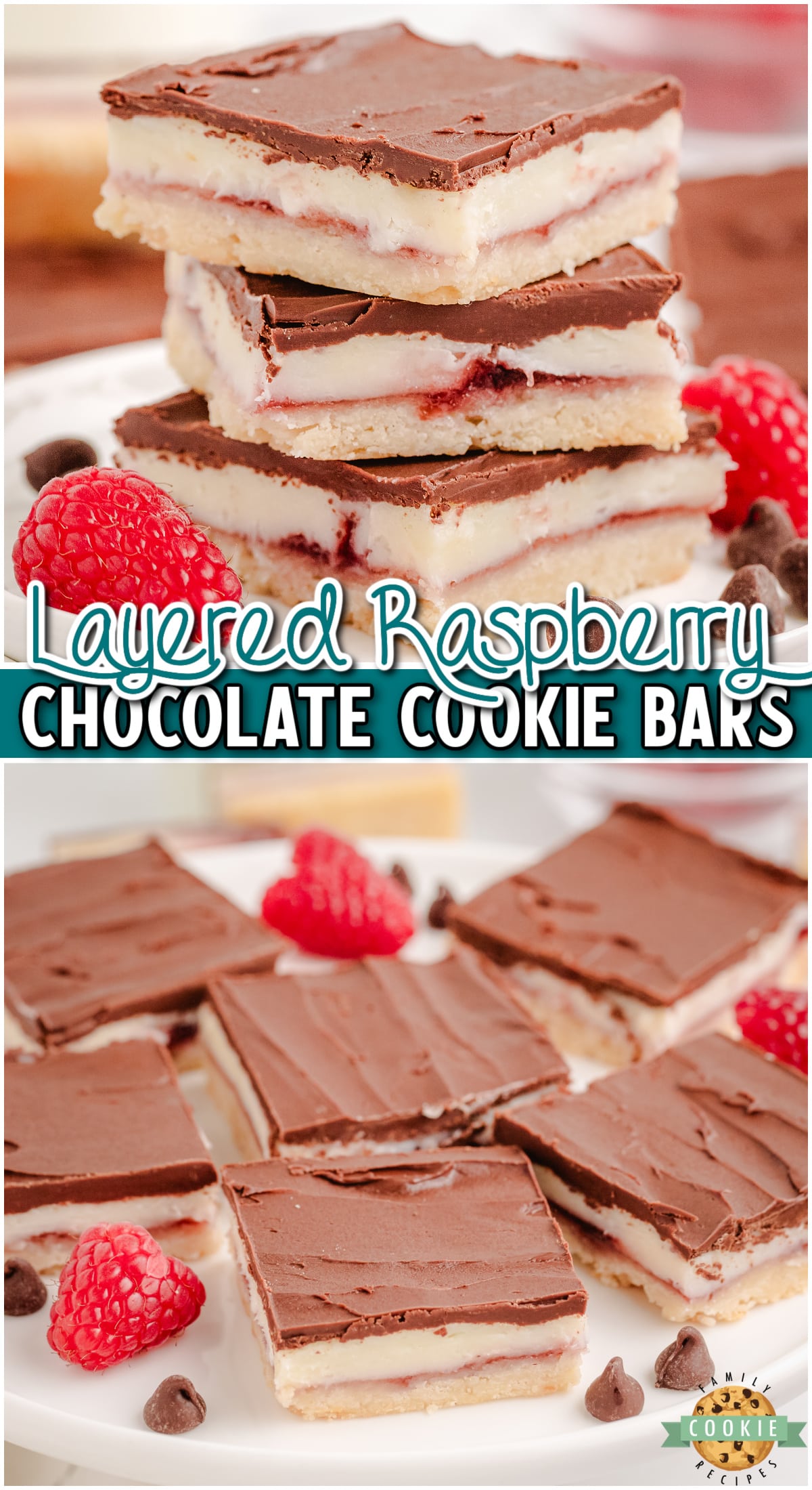 Raspberry Chocolate Bars are buttery cookie bars topped with a raspberry cream cheese & chocolate fudge. These delightful raspberry crumb bars are perfect for any occasion!