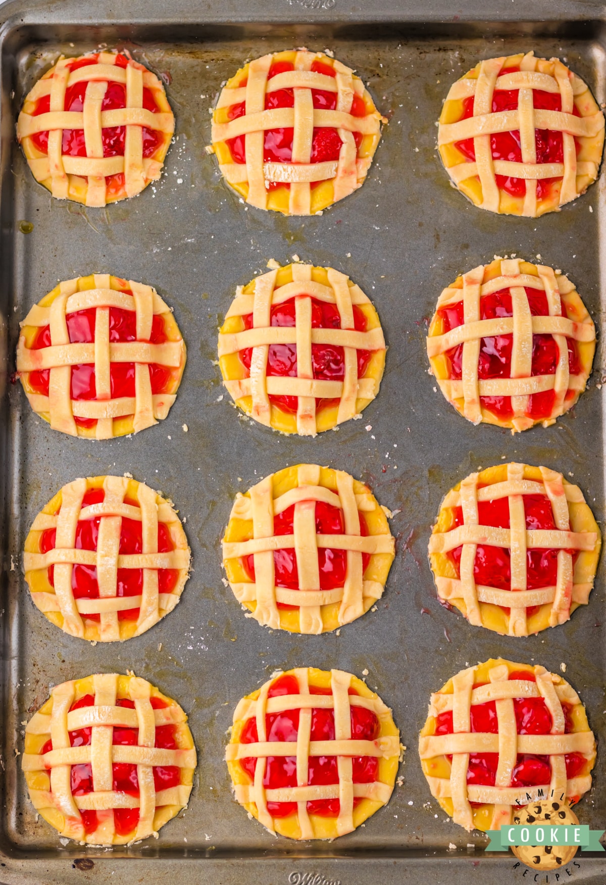 Add pie crust strips on top of the pie filling. 