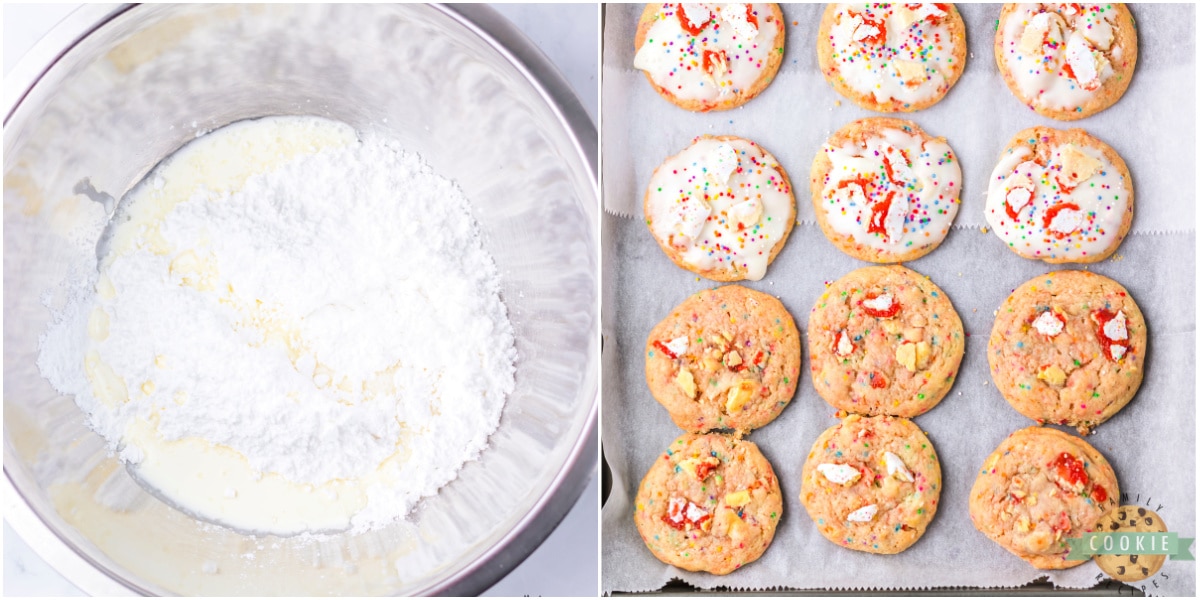 Dipping pop-tart cookies in glaze.