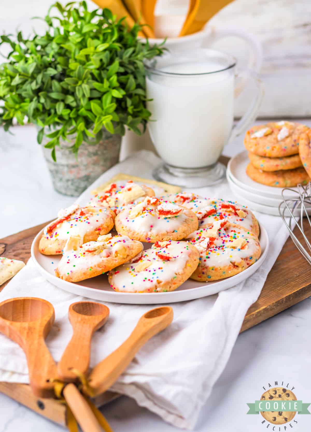 Strawberry Pop-Tart Cookies are moist, buttery, sugar cookies made with pieces of strawberry Pop-Tarts and rainbow sprinkles.