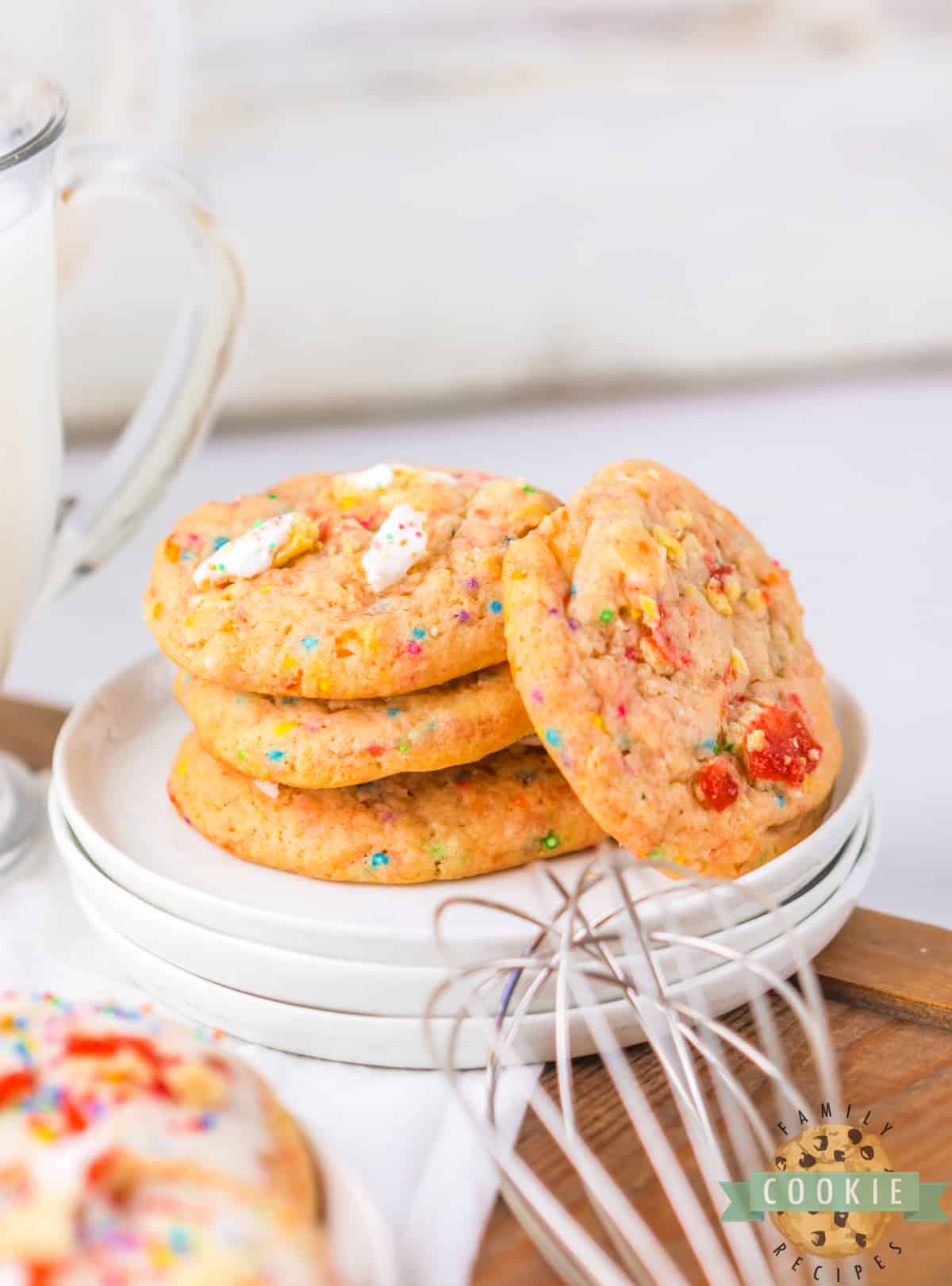 Strawberry Pop-Tart Cookies are moist, buttery, sugar cookies made with pieces of strawberry Pop-Tarts and rainbow sprinkles.