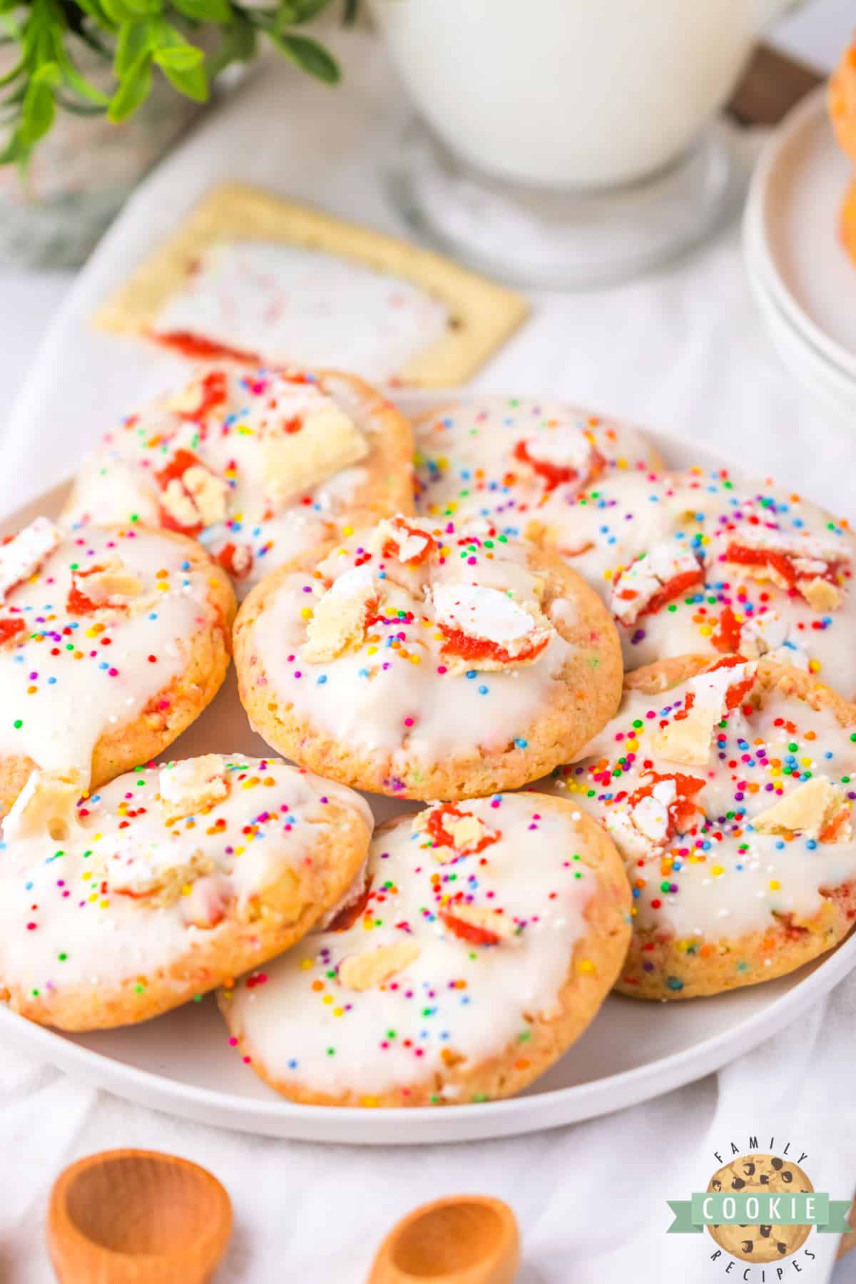 Strawberry Pop-Tart Cookies are moist, buttery, sugar cookies made with pieces of strawberry Pop-Tarts and rainbow sprinkles.