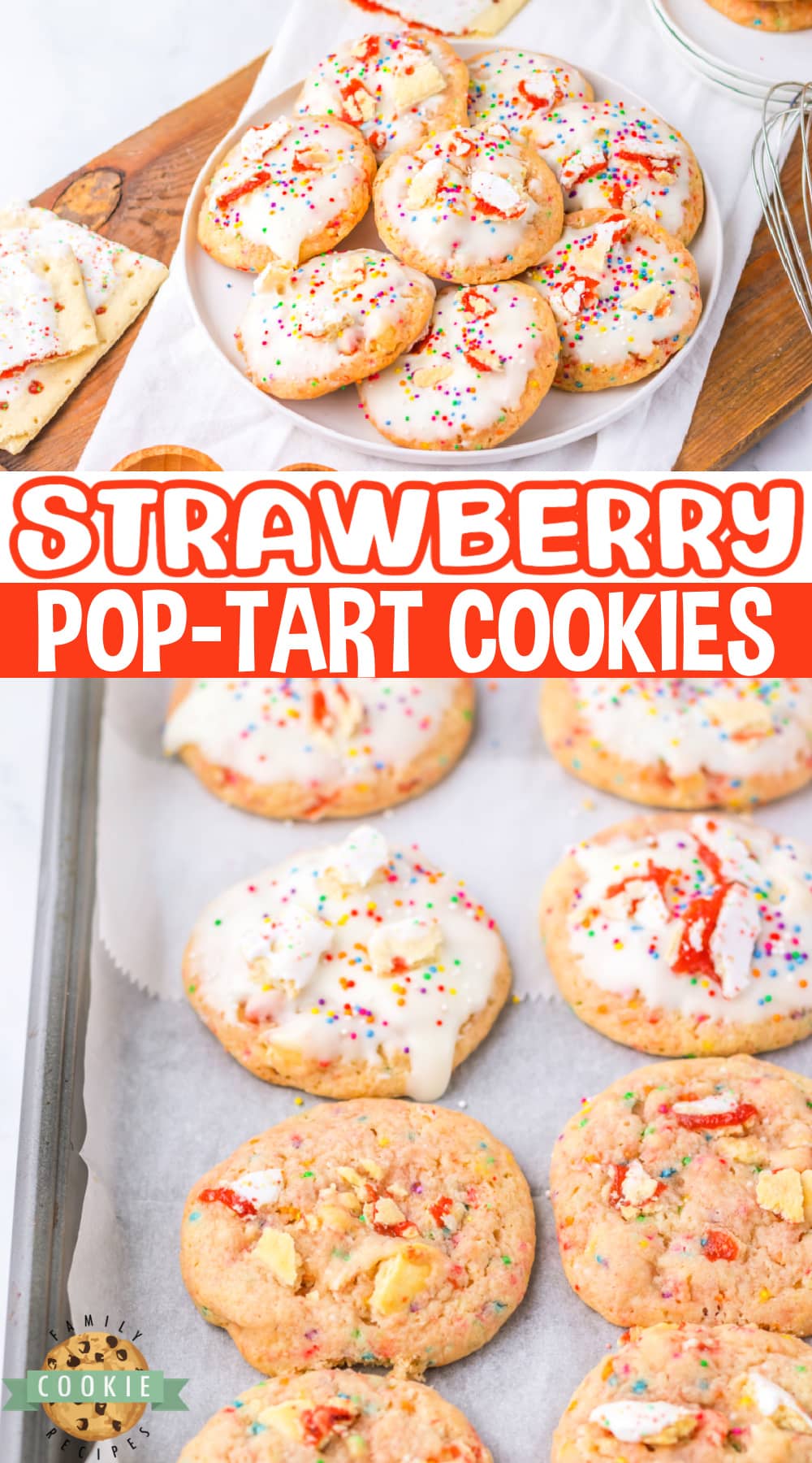 Strawberry Pop-Tart Cookies are moist, buttery, sugar cookies made with pieces of strawberry Pop-Tarts and rainbow sprinkles.