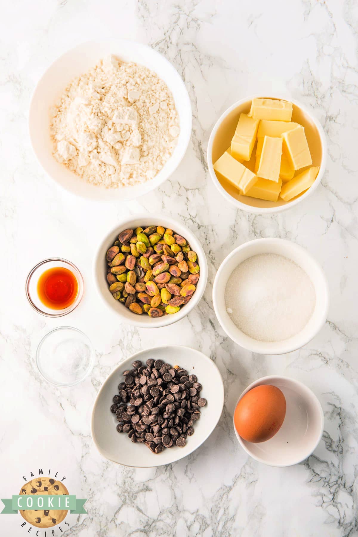 Ingredients in Chocolate Dipped Pistachio Cookies. 