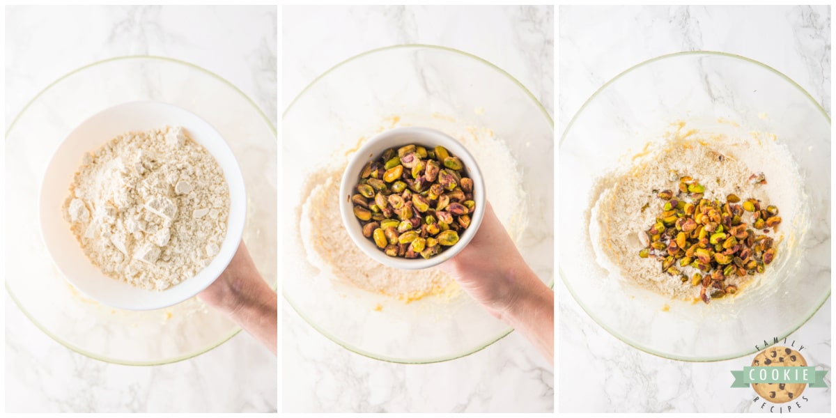 Mix flour and pistachios into the cookie dough.