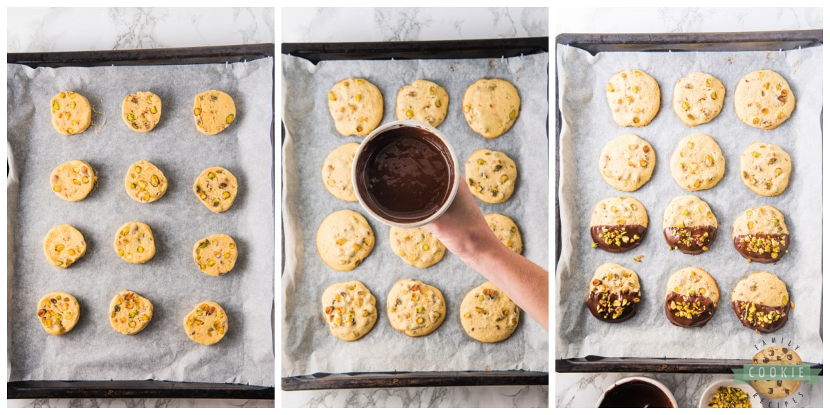 Slice and bake the cookies. Dip cooled cookies in chocolate.