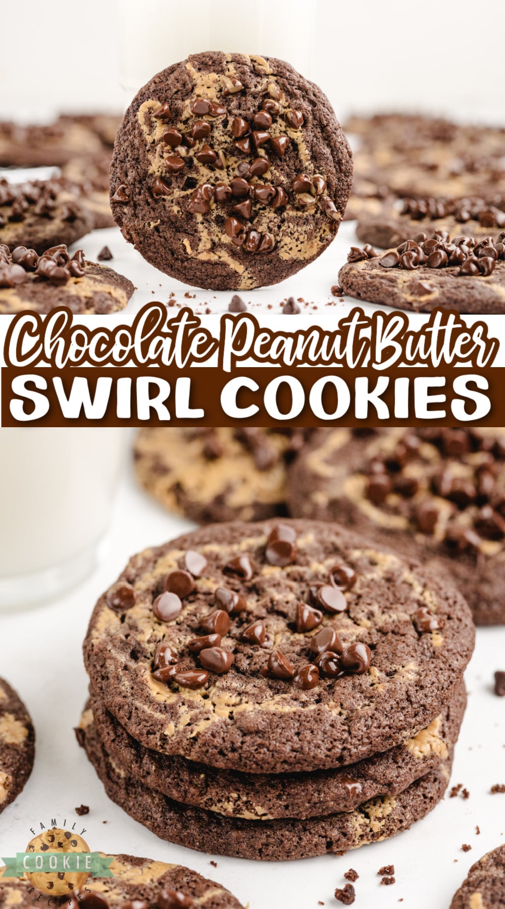 Chocolate Peanut Butter Swirl Cookies are soft, chewy, and delicious! These rich chocolate cookies have a swirl of peanut butter and a sprinkling of mini chocolate chips on top.