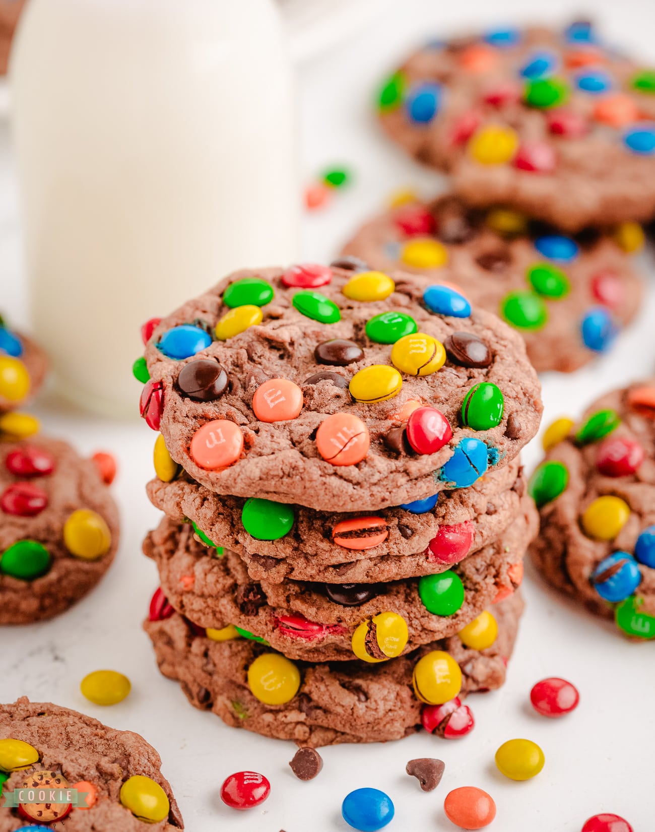 stack of chocolate cookies made with chocolate pudding and M&M candies