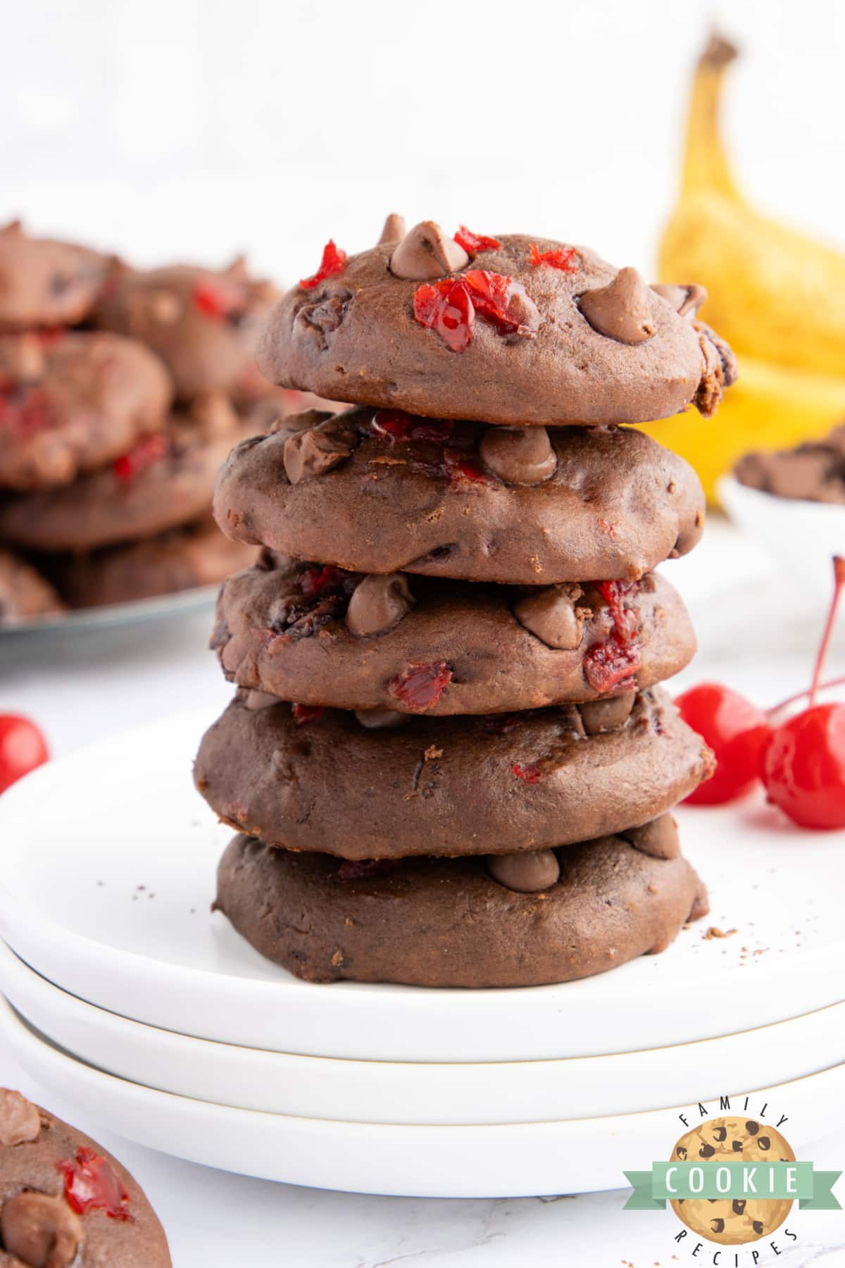 Stack of chocolate banana cookies.