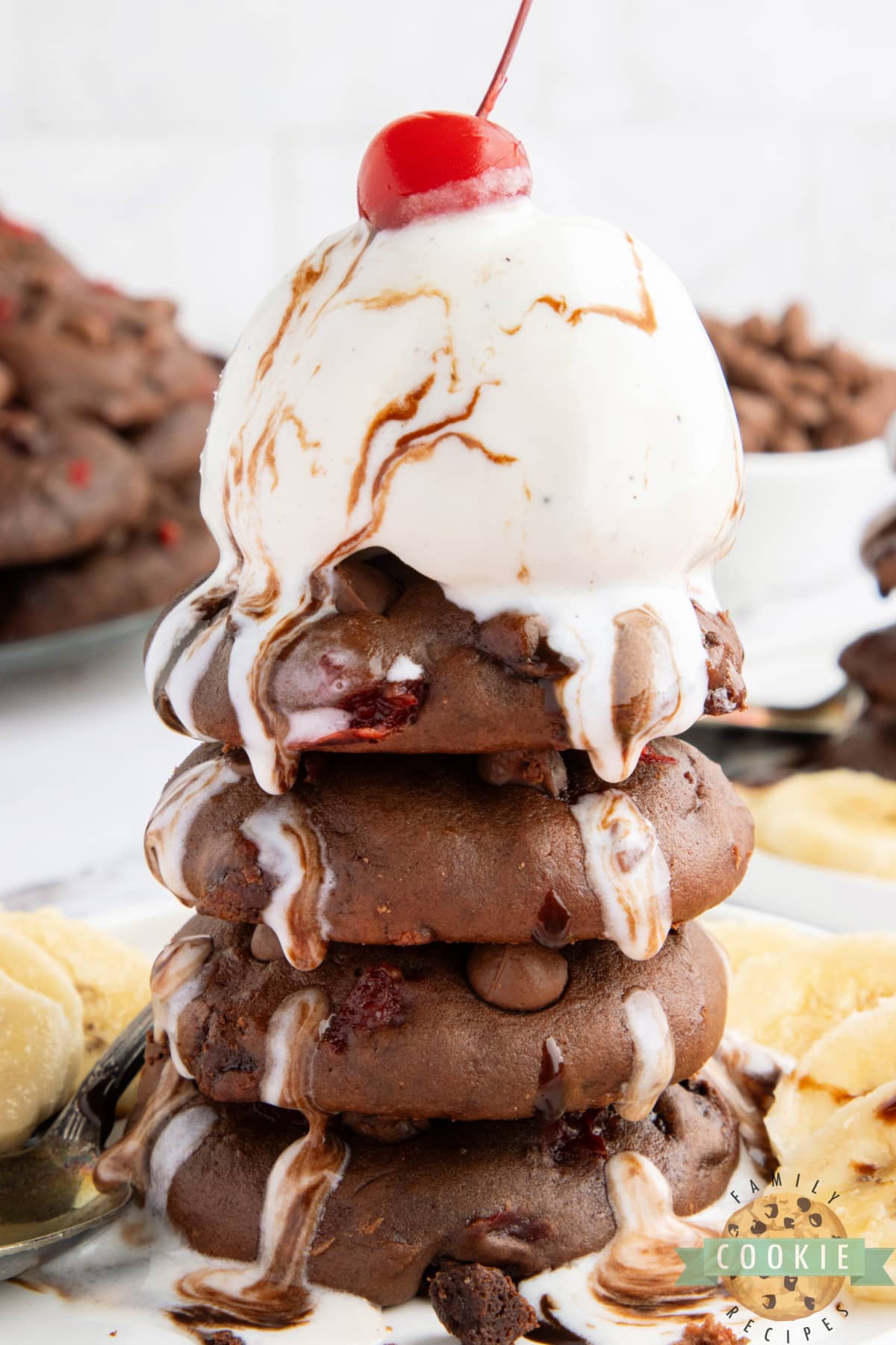 Chocolate cookies made with bananas and cherries. 