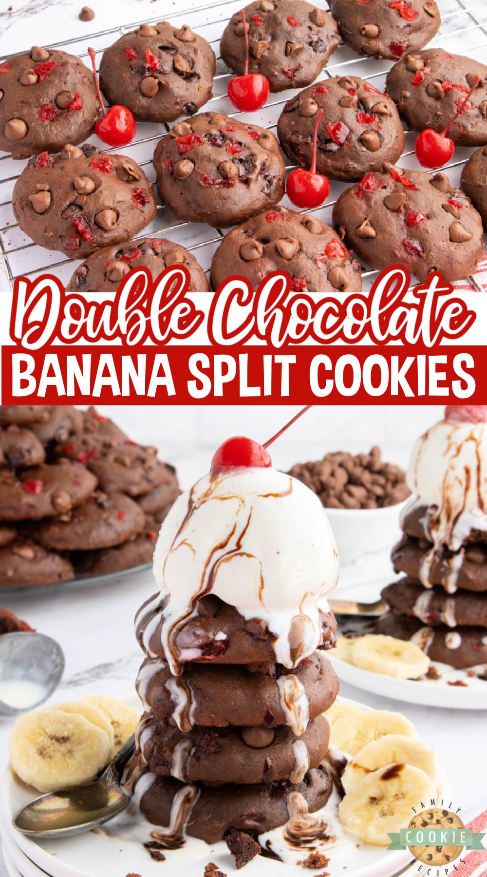 Double Chocolate Banana Split Cookies are made completely from scratch with bananas, chocolate chips, and maraschino cherries. These chewy chocolate cookies taste just like a banana split  - especially if you add a scoop of vanilla ice cream! 