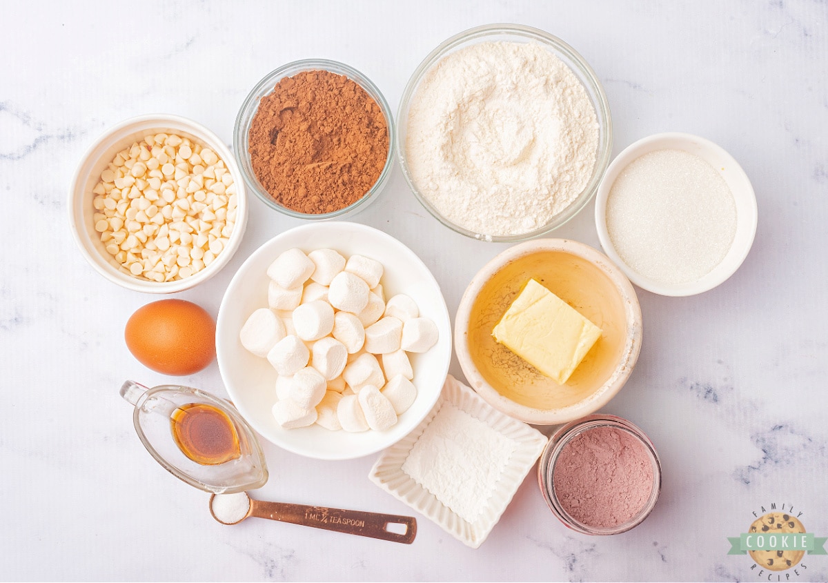 Ingredients in Red Velvet Marshmallow Cookies.