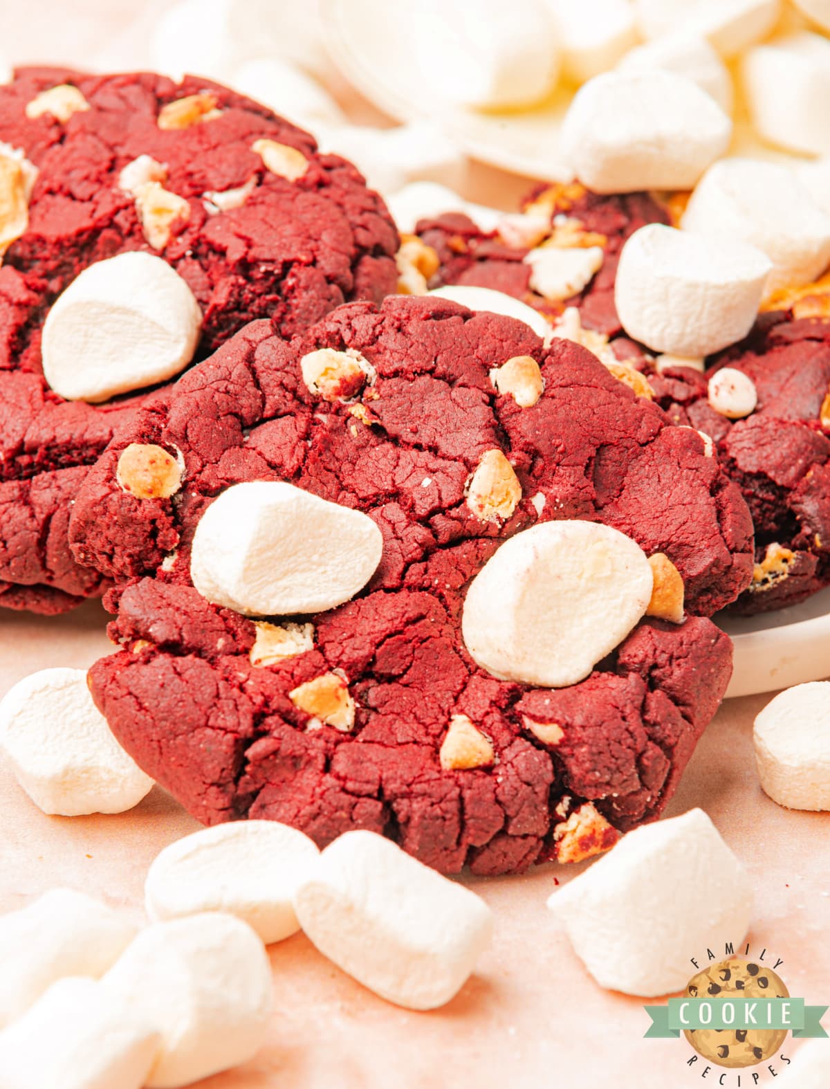 Red velvet cookies made with marshmallows and white chocolate chips.