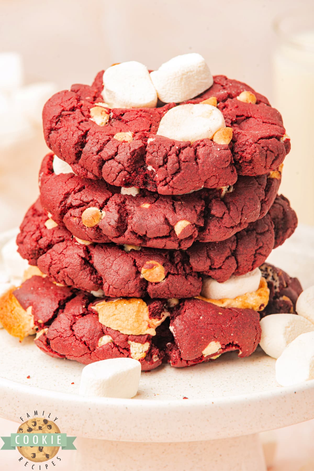 Homemade red velvet cookies with white chocolate chips and marshmallows.