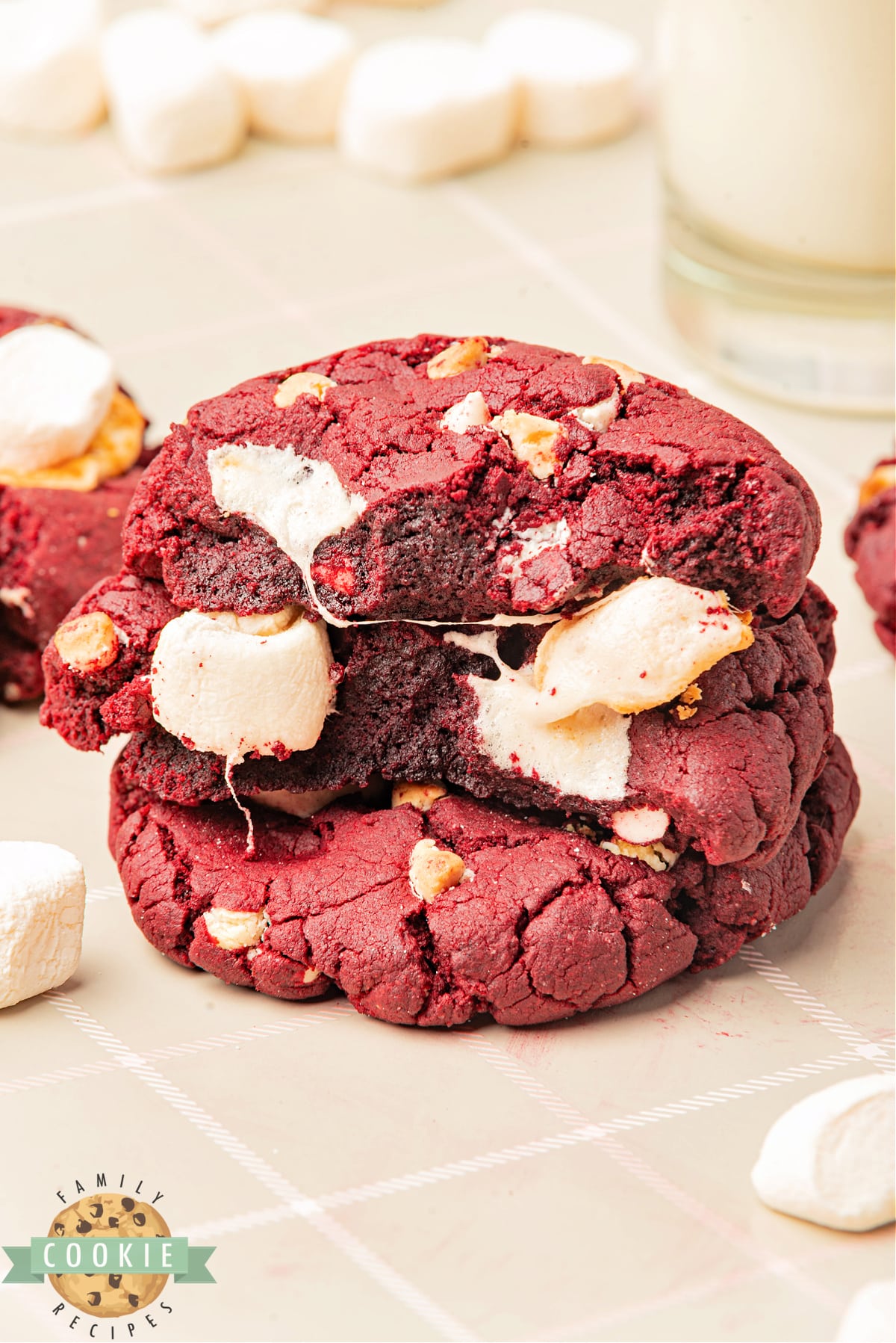 Red Velvet Marshmallow Cookies are made completely from scratch with white chocolate chips and mini marshmallows. These delicious cookies are soft, chewy, and absolutely delicious!