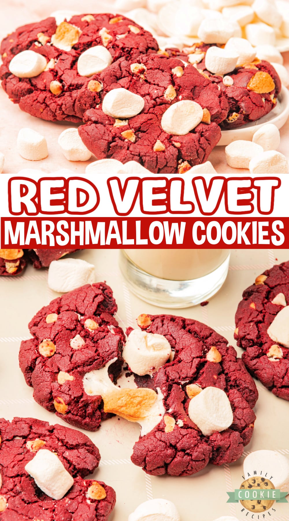 Red Velvet Marshmallow Cookies are made completely from scratch with white chocolate chips and mini marshmallows. These delicious cookies are soft, chewy, and absolutely delicious!