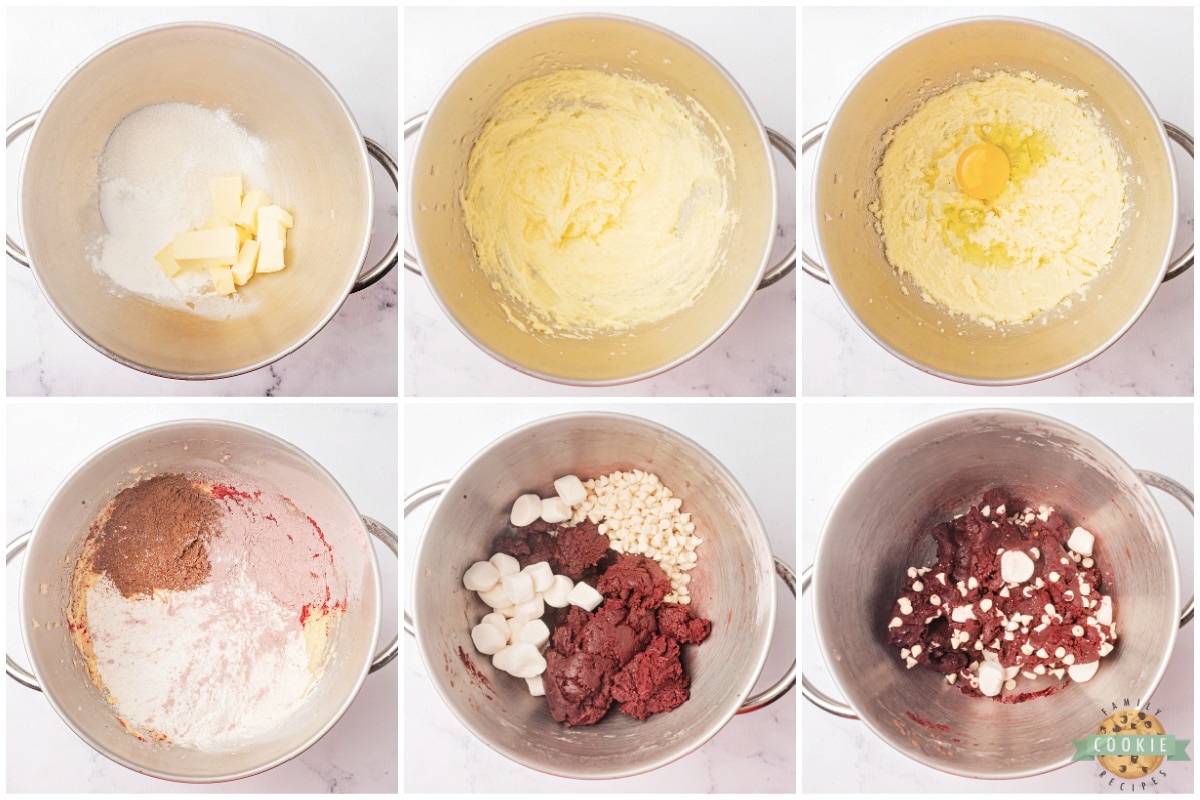 Step by step instructions on how to make red velvet cookies with marshmallows and white chocolate chips.