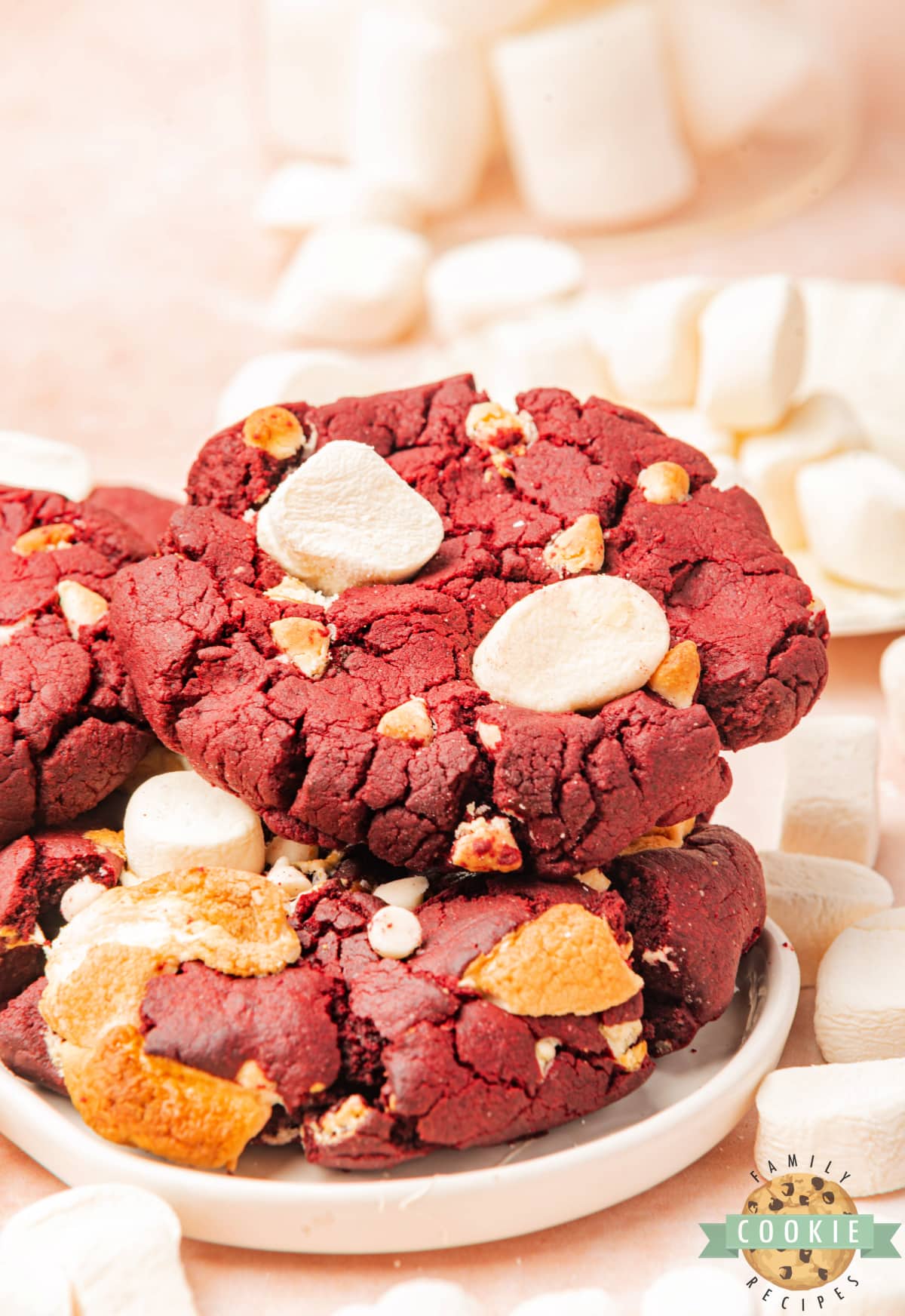 Red velvet cookies made with marshmallows and white chocolate chips.