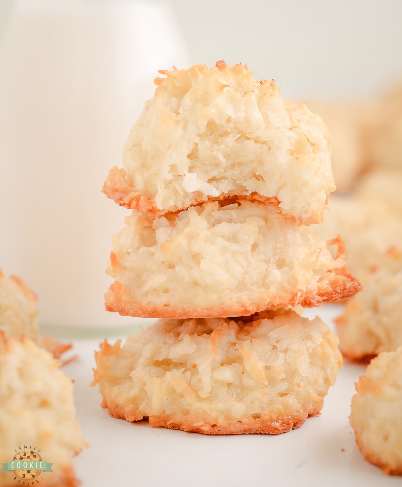 stack of coconut macaroons with a bite taken out