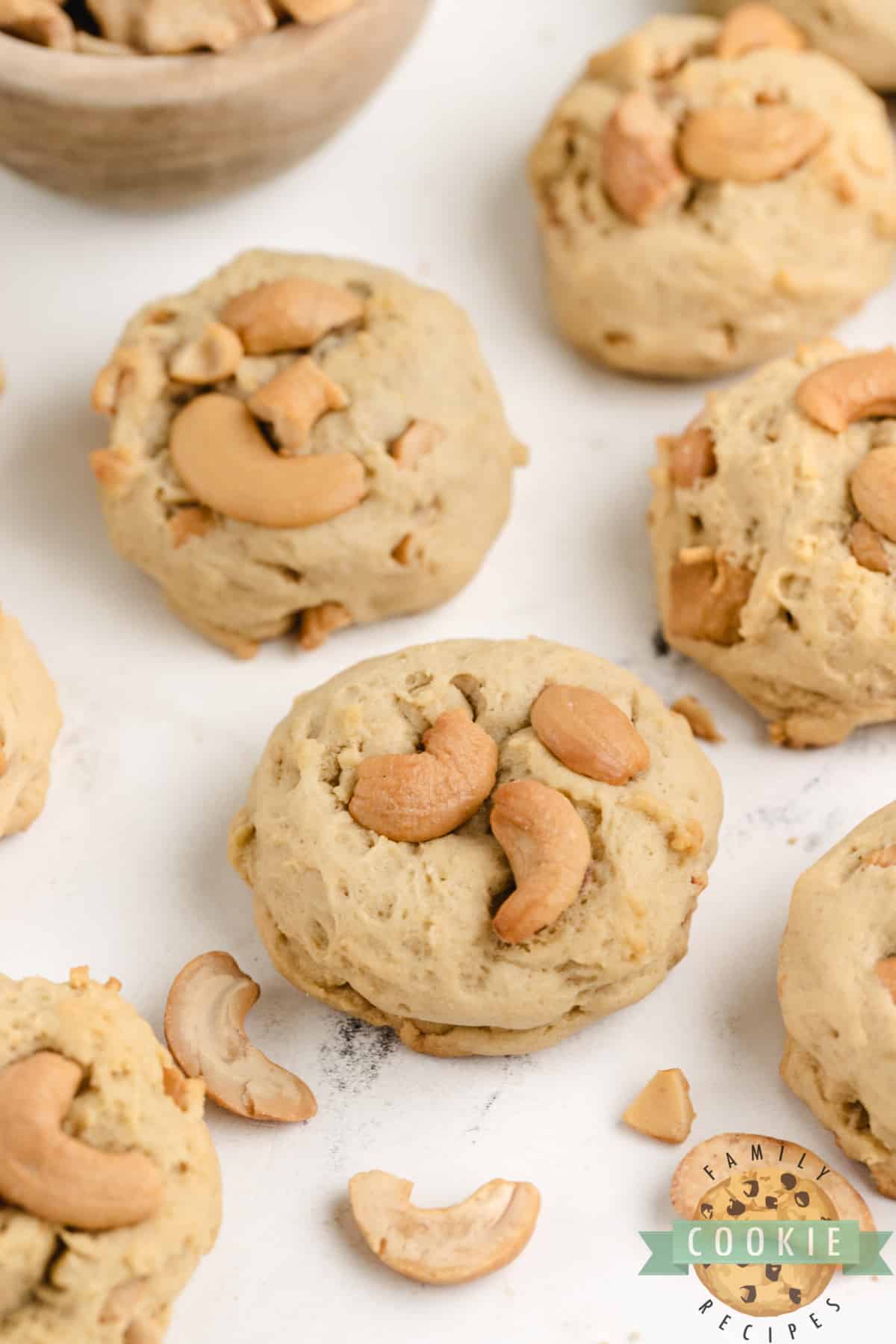 Cashew Cookies are made with cream and chopped cashews. The crunchy, salty cashews provide a delightful contrast to the soft, sweet cookies.