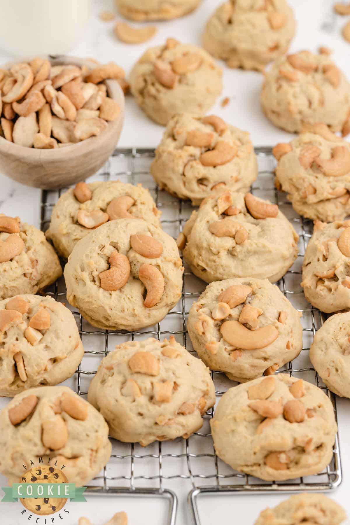 Cashew Cookies are made with cream and chopped cashews. The crunchy, salty cashews provide a delightful contrast to the soft, sweet cookies.