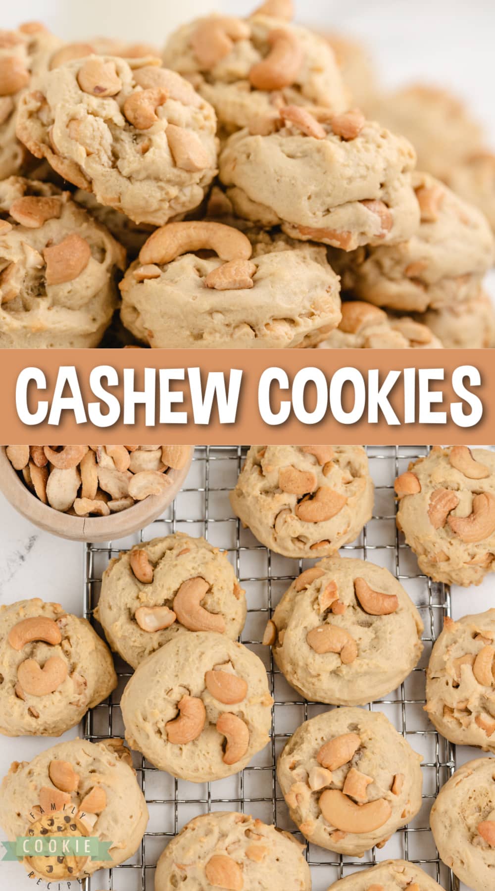 Cashew Cookies are made with cream and chopped cashews. The crunchy, salty cashews provide a delightful contrast to the soft, sweet cookies.