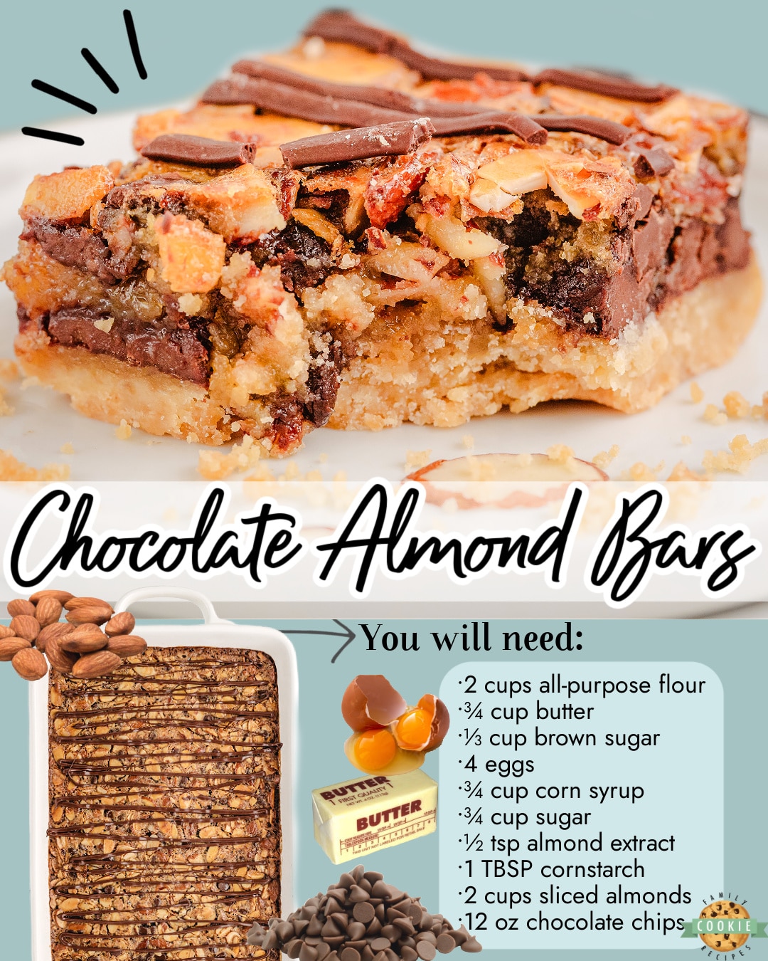 Delightful Chocolate Almond Bars made with a buttery shortbread crust topped with gooey chocolate fudge filling & sliced almonds for a decadent treat!