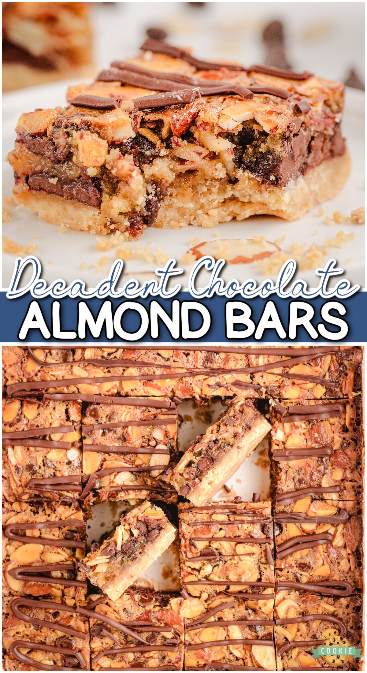 Delightful Chocolate Almond Bars made with a buttery shortbread crust topped with gooey chocolate fudge filling & sliced almonds for a decadent treat!