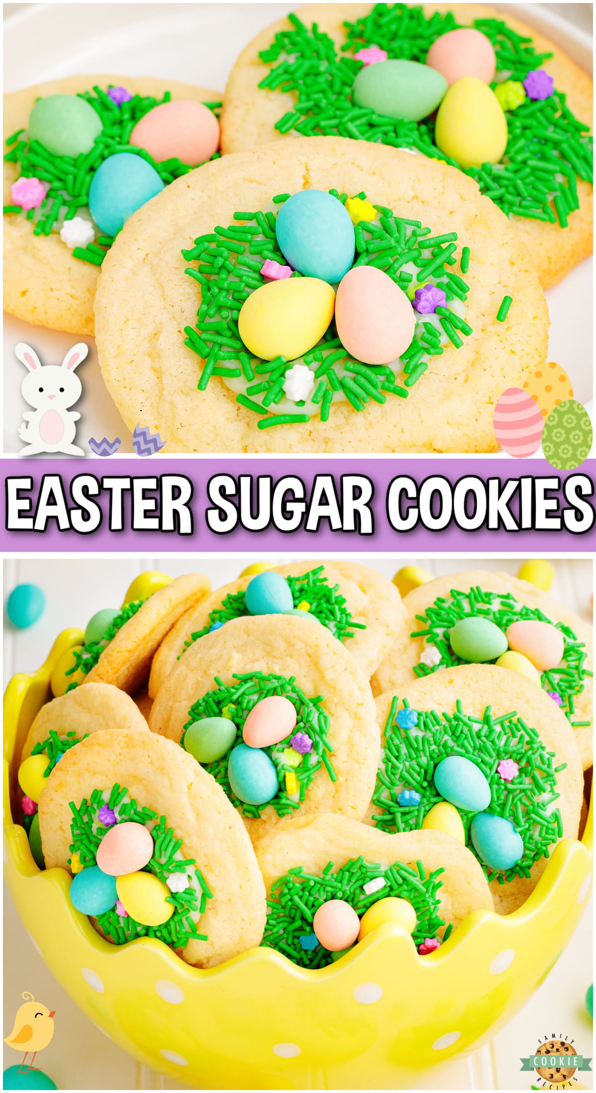 Easy Easter Sugar cookies topped with candy nest and eggs