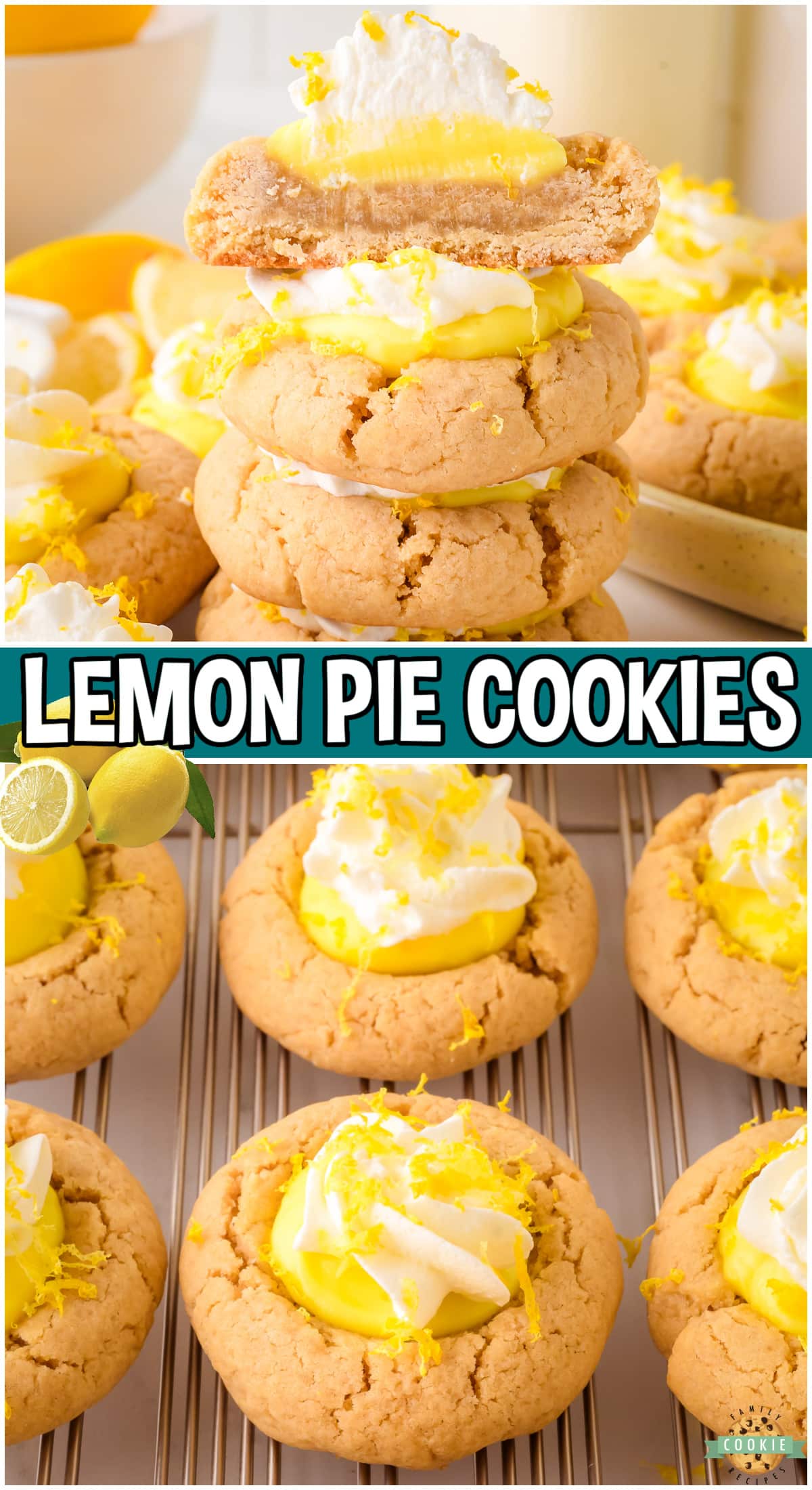 Delightful Lemon Pie Cookies made with buttery vanilla cookies topped with lemon pudding and whipped cream! It's a lemon cream pie in cookie form!